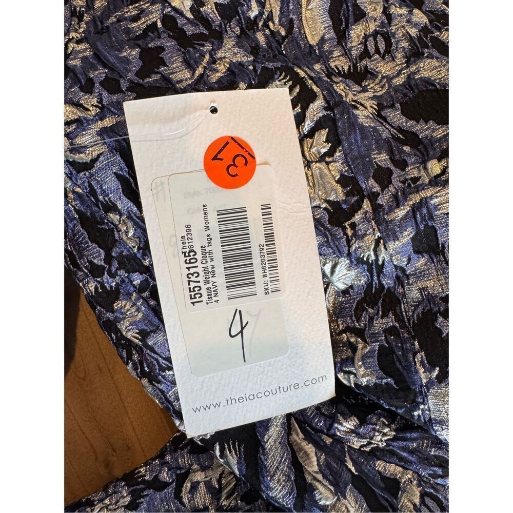 NWT Theia Brocade Dress 4 Navy Square Puff Sleeve Midi Wedding Guest Cocktail - Picture 9 of 9